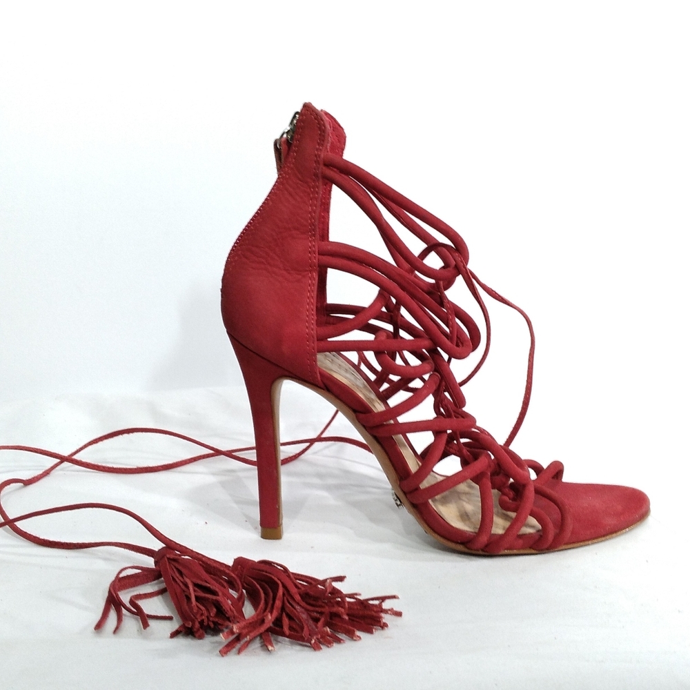 SCHUTZ Valquis Red Nubuck Leather Laced Caged Stiletto Heeled Sandals w/… - Picture 2 of 11